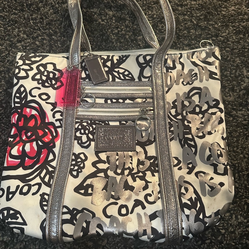 Coach Black and Silver Floral Tote Bag